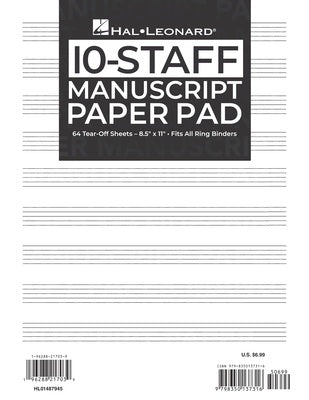 10-STAFF MANUSCRIPT PAPER PAD 64 TEAR OFF SHEETS 8.5" X 11"